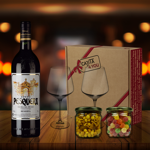 caja-regalo-vino-tinto-Pesquera-copas-grabadas-mensaje-personalizado-snacks