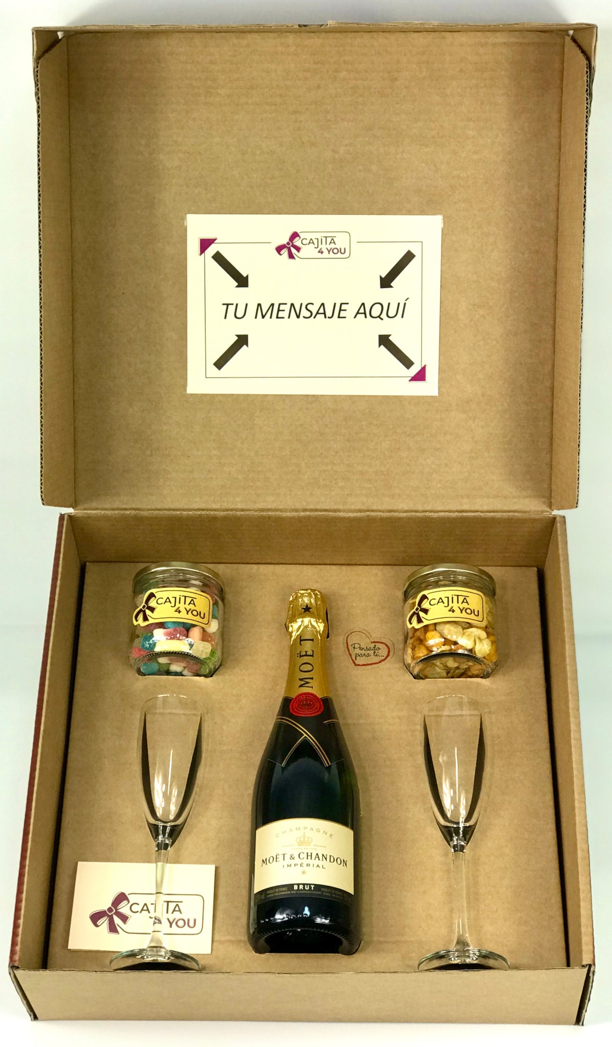 Caja regalo con champagne Moët Chandon Brut Imperial, copas y