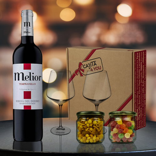 caja-regalo-vino-tinto-Ribera-del-Duero-Melior-snacks-copas-mensaje-persoanlizado