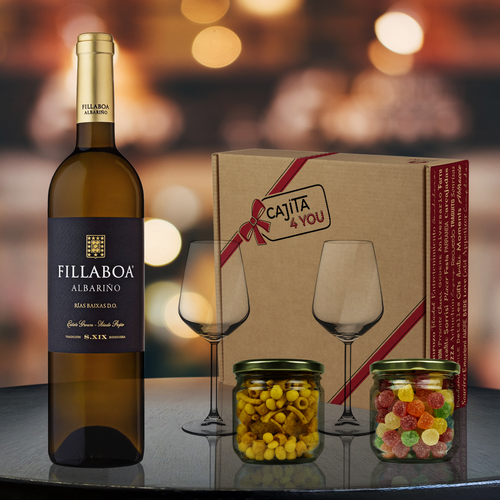 caja-regalo-vino-blanco-albariño-Fillaboa-copas-snacks-dedicatoria-personalizada