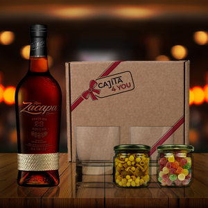 caja-regalo-ron-Zacapa-vasos-bajos-snacks-dedicatoria-persoanlizada