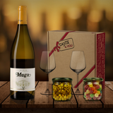 caja-regalo-botella-vino-blanco-Muga-Rioja-escoge-snacks-dedicatoria-personalizado-2-copas