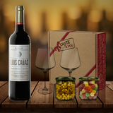 caja-regalo-vino-tinto-Luis-Cañas-Rioja-Reserva-2-copas-2-snacks-dedicatoria-personalizada